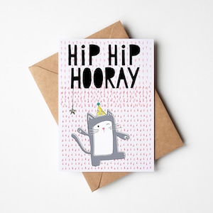 Feestwenskaart, kat, hip hip hoera, vrolijk verjaardagsfeestje, bladgoud