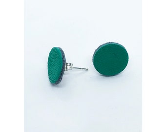 Green Stud earrings, Circle earrings, Leather earrings, Circle studs, modern earrings