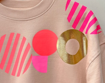 Geometric screenprinted sweatshirt ,handprinted, neon pink and coral, gold foil, unique sweatshirt