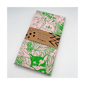 Handprinted Cat Teatowel, Green and Pink, Cat Lover, Flowers and leaves, Illustration, Screenprinted. Gift idea