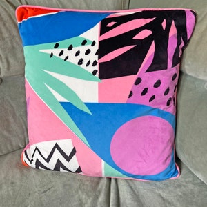 Geometric leaf Pattern printed soft velvet cushion, blue, pink,interiors, geometric shapes, handmade