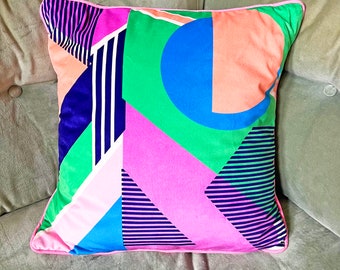 Geometric Pattern printed soft velvet cushion, pink and green, interiors, geometric shapes, handmade