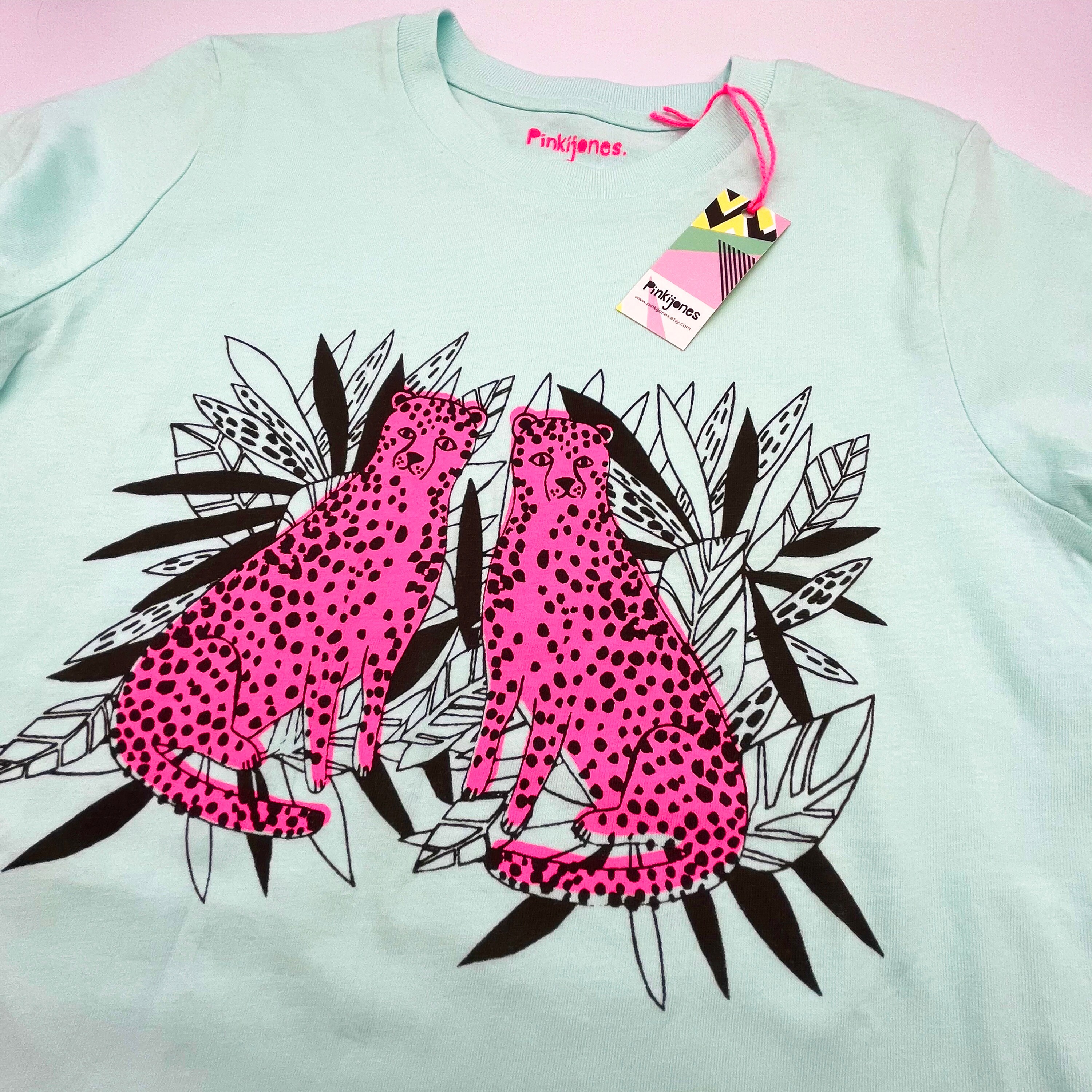 Leopard Print Kids T-shirt Aqua, Neon Pink , Illustrative T
