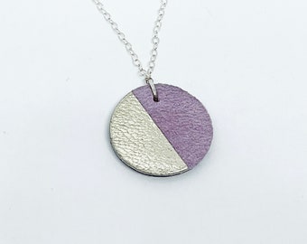 leather circle necklace, recycled leather, Lilac, pale gold, metallic, contemporary jewellery