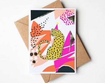 leopard birthday card, geometric pattern, party, pink hat, gold leaf detail, celebration