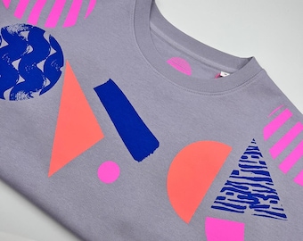 Geometric Screen-Printed Sweatshirt: Neon Pink, Coral & Blue
