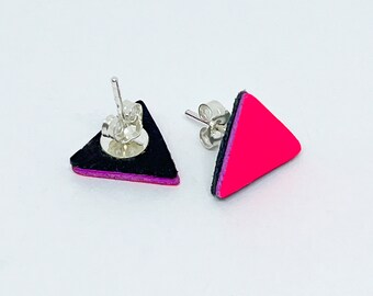 Handmade Neon Pink Recycled Leather Triangle Studs: Sterling Silver
