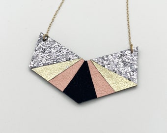 Geometric Chevron necklace, Deco style necklace, Pink, pewter, Gold, recycled Leather necklace, Glitter, Modern necklace
