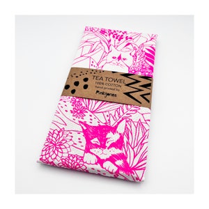 Handprinted Cat Teatowel, Neon Pink on white, Cat Lover, Flowers and leaves, Illustration, Screenprinted. Gift idea