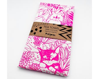 Handprinted Cat Teatowel, Neon Pink on white, Cat Lover, Flowers and leaves, Illustration, Screenprinted. Gift idea