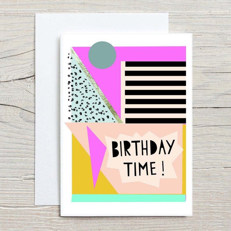 birthday card, geometric pattern, 80's style, bright colours, birthday time, gold leaf detail, celebration image 2