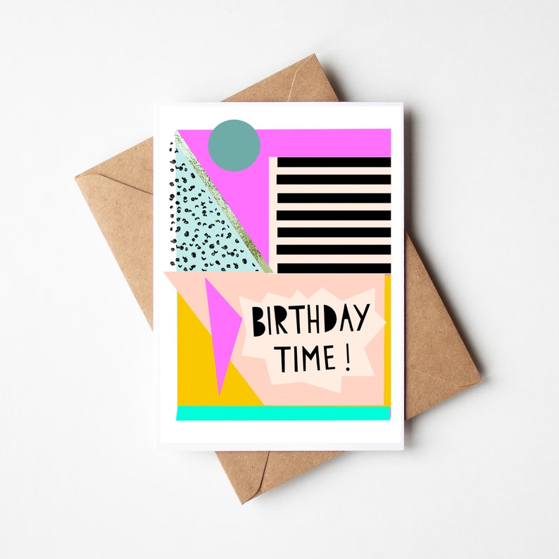 birthday card, geometric pattern, 80's style, bright colours, birthday time, gold leaf detail, celebration image 1