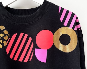 Geometric Pattern screen-printed sweatshirt ,handprinted, neon pink and black, gold foil, unique sweatshirt
