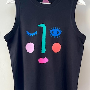 screenprinted Face pattern tank top t-shirt, blue foil, handprinted, women&#39;s T-shirt