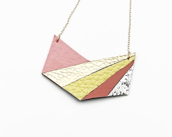 Geometric Chevron necklace, Vegan necklace, faux leather, Glitter, pale pink, pastel yellow, gold, Modern necklace