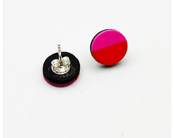 Neon Pink and Red Studs, Circle earrings, Leather earrings, Circle studs, modern earrings