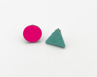 Neon Pink and Aqua Studs, Circle & Triangle earrings, Mixed studs, Leather earrings, Circle studs, Triangle studs