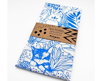 Handprinted Cat Teatowel, Blue and White, Cat Lover, Flowers and leaves, Illustration, Screenprinted. Gift idea