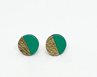 Green and gold Studs, Two colour, Circle earrings, recycled Leather earrings, Circle studs, small gift, Stud earrings