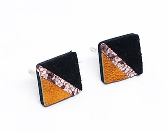 Square Geometric earrings, Leather earrings, Square studs, metallic orange, pink glitter, modern earrings