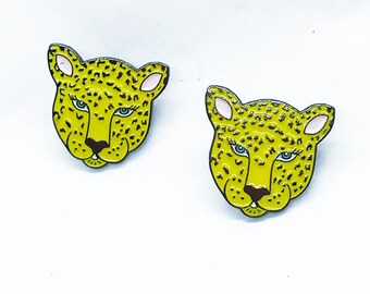 Leopard stud earrings, Yellow, enamel earrings, leopard jewellery, animal earrings, unique gift