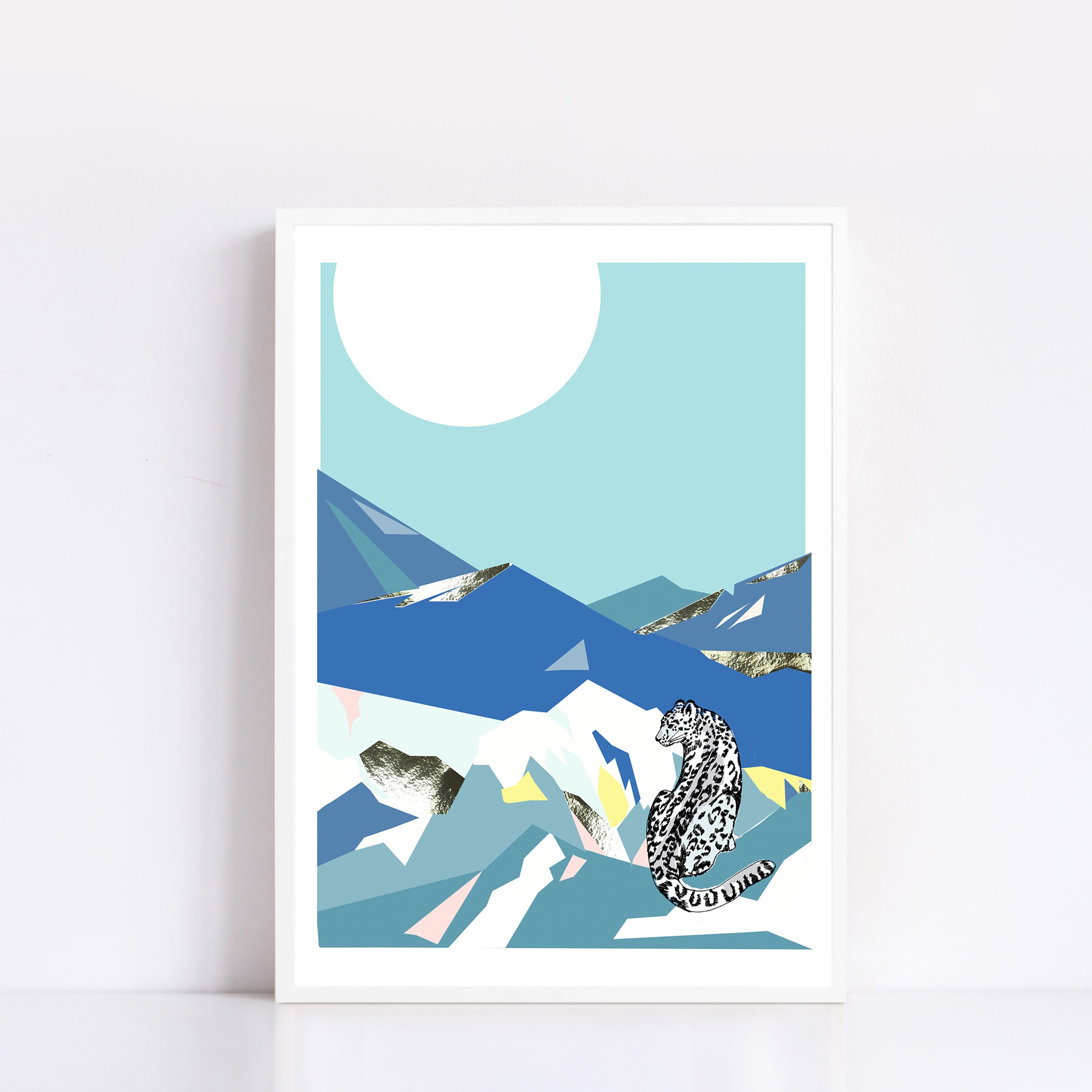 Snow leopard print, illustration, wall art, mountains, winter
