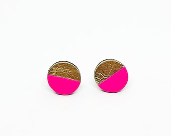 Neon Pink and gold Studs, Two colour, Circle earrings, recycled Leather earrings, Circle studs, small gift, Stud earrings