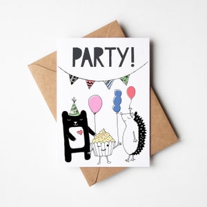 Geburtstagsgrußkarte, Party, Feier, Kuchen, Luftballons, Tiere