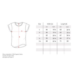 May include: A size chart for a t-shirt with measurements in inches and centimeters. The chart shows the width and length of the shirt in different sizes, from S to 2XL.
