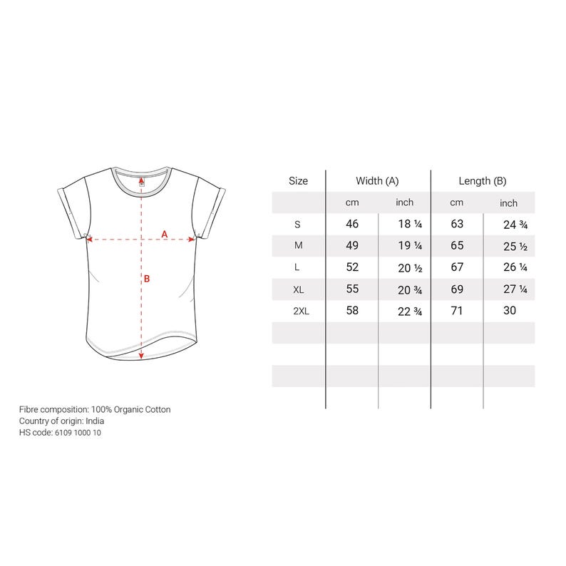 May include: A size chart for a t-shirt with measurements in inches and centimeters. The chart shows the width and length of the shirt in different sizes, from S to 2XL.