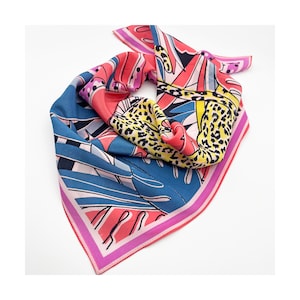 Leopard Prowling Print 100% Silk Scarf, Illustrative, Geometric design, Colourful Square Scarf, Silk Neck Scarf, Neckerchief, leopard lover