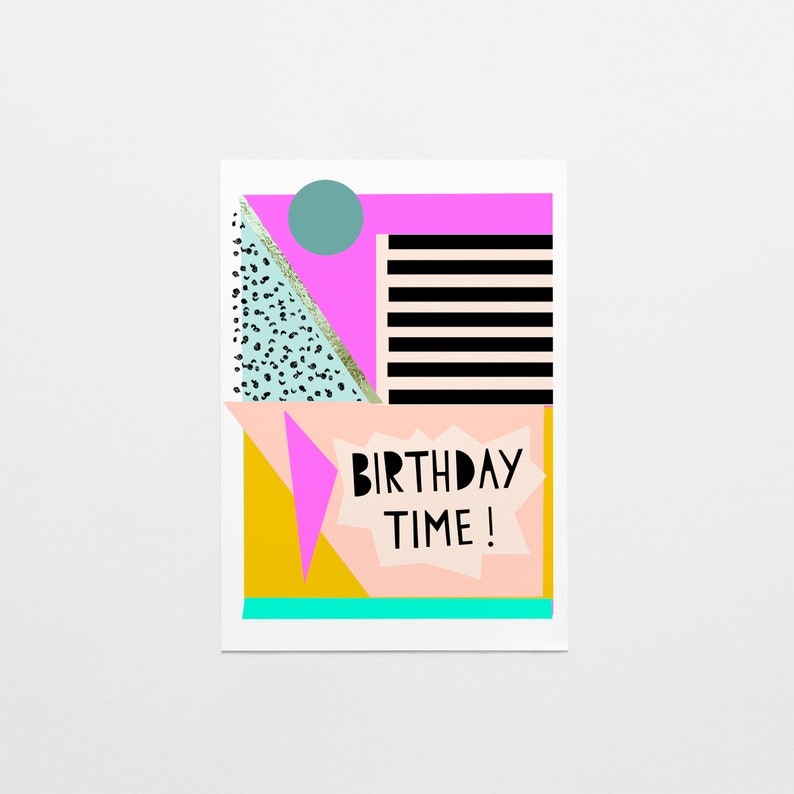 birthday card, geometric pattern, 80's style, bright colours, birthday time, gold leaf detail, celebration image 3