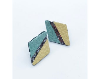 Diamond shape earrings, Leather earrings, Art Deco style studs, powder blue, silver glitter earrings, geometric earrings