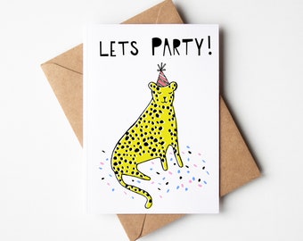 Birthday Party card, Leopard greeting card, Lets Party , happy card, party, confetti, party hat, gold leaf detail