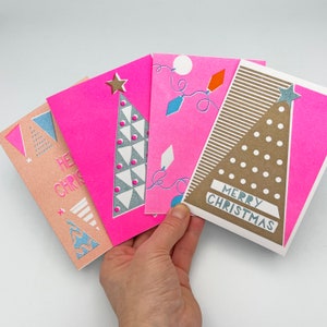 Weihnachtskarten Pack, Risograph Druck, Weihnachtskarten Pack, Weihnachtsbaum, Neon Pink, Weihnachtsgrüße