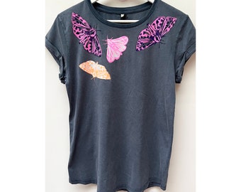 Moth screenprinted t-shirt, ,Illustrative t-shirt, handprinted, women's T-shirt, stonewash