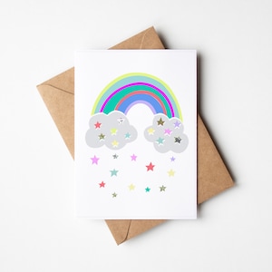Tarjeta de felicitación de arcoíris, tarjeta de arcoíris y estrellas, tarjeta de celebración, tarjeta de felicitación, tarjeta feliz, detalle de hoja de oro
