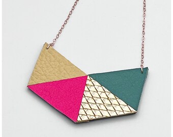 Chevron triangle necklace, Neon pink, Gold, emerald green, leather jewellery, Statement necklace, Geometric necklace, Gift for her