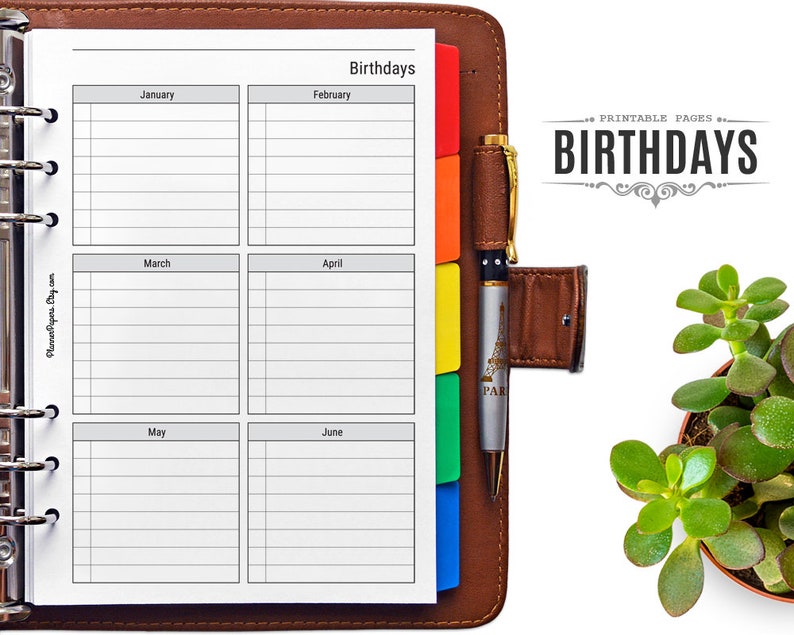 A5 Printable Birthday List Filofax Birthday and Anniversary | Etsy