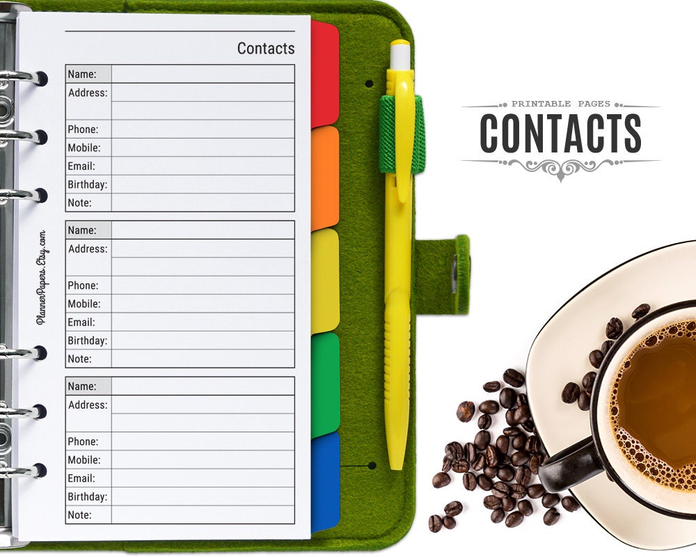 Personal Size Printable Contact List Filofax Contacts Page Etsy