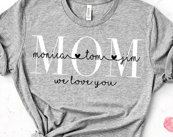 Personalized Mom Shirt With Kids Names, Cute Mom Shirts, Boy Girl Mom T-Shirt Top, Step Mom Gift, Tees With Sayings For Women, Aunt Present