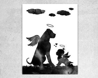 Custom silhouettes baby with dog print, Stillborn art, Custom dog breeds, Memorial art, Dog with wings, Dog loss gift, Instant download