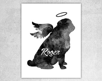 Dog Memorial Print: Pug with Wings & Halo, Custom Name (Digital Download)