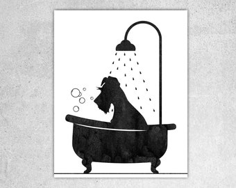 Schnauzer in Tub Watercolor Print: Dog Bathroom Decor (Digital Download)