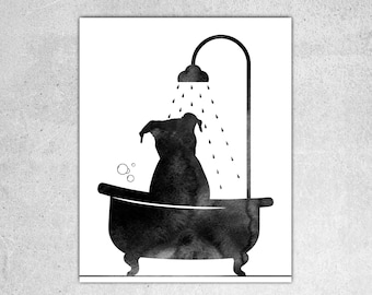 Pitbull in Tub Watercolor Art Print: Bathroom Dog Decor (Digital Download)