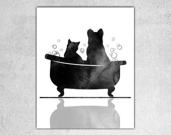 Bathroom art, Cat print, Dog wall art, Bathroom decor, Cat and dog in bathtub, Pets in bathtub, Tub print, Pet lovers gift, Instant download