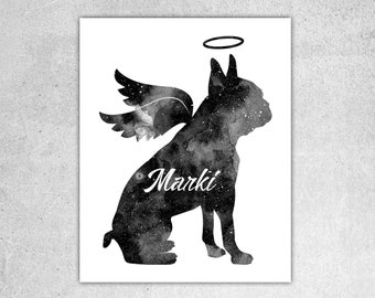 Dog Memorial Print: Boston Terrier with Wings, Custom Dog Name (Digital Download)