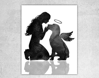 Dog Memorial Print: Woman with Winged Labrador and Halo (Digital Download)
