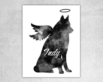 Dog memorial gift, Dog with wings, Halo on dog print, Husky wall art print, Custom dog name, Dog with halo print, Digital downloading