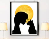 Black cat print, Digital downloading, Woman silhouette, Cat printable, Moon print, Moon decor, Woman with cat print, Cat artwork, Cat print